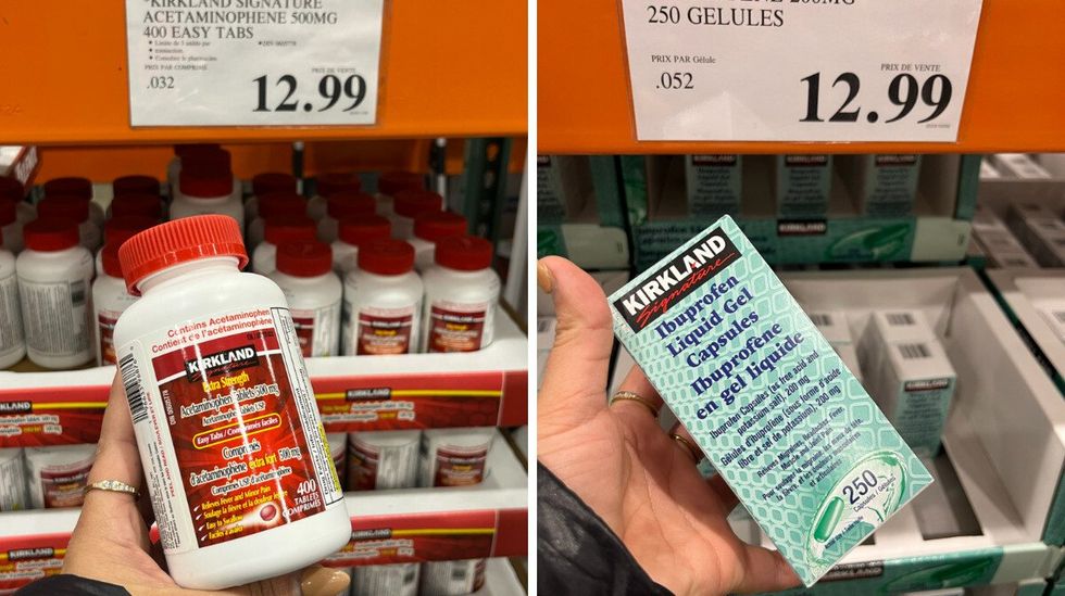 Main qui tient une bouteille de 400 tablettes d'ac\u00e9taminoph\u00e8ne Droite : Main qui tient une bo\u00eete qui contient 250 tablettes d'ibuprof\u00e8ne.