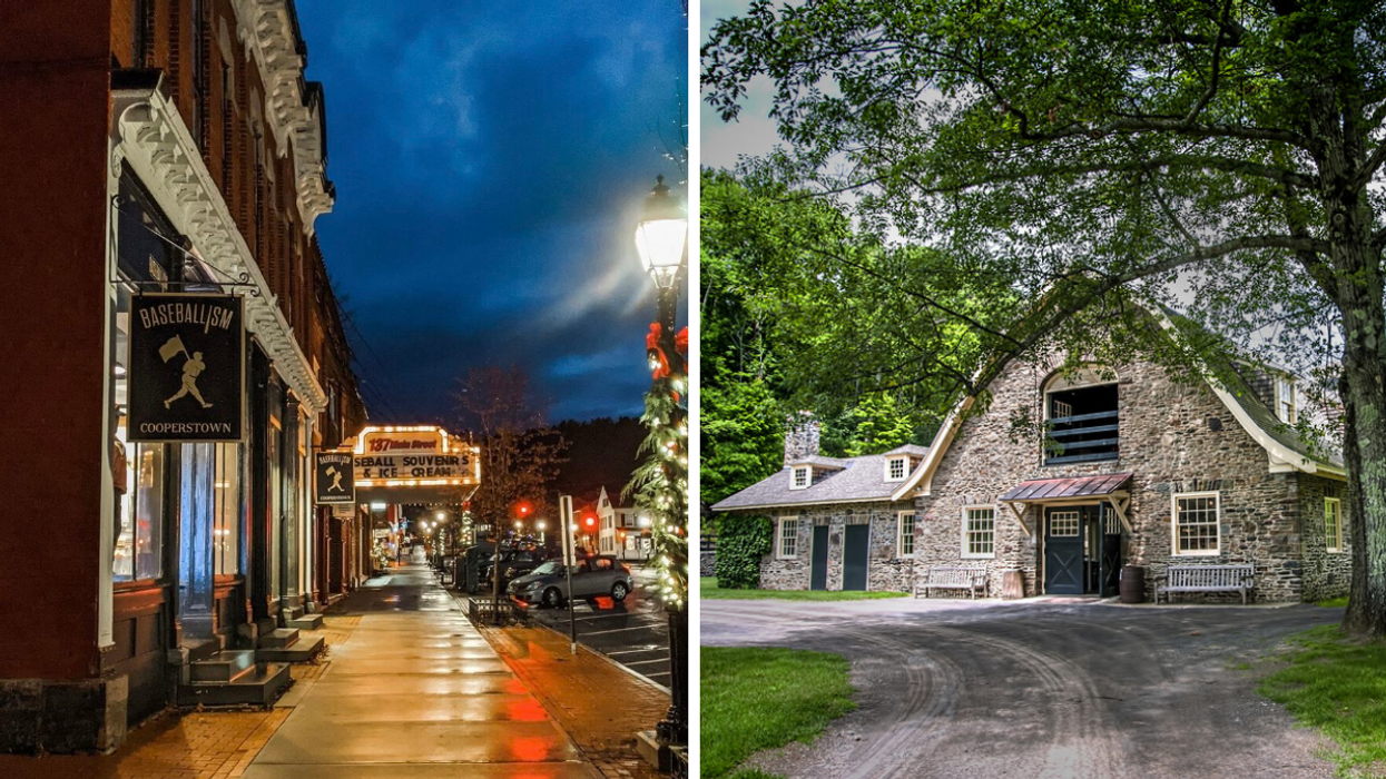 Main Street in Cooperstown, NY, at night. Right: The Farmers' Museum in Cooperstown, NY.