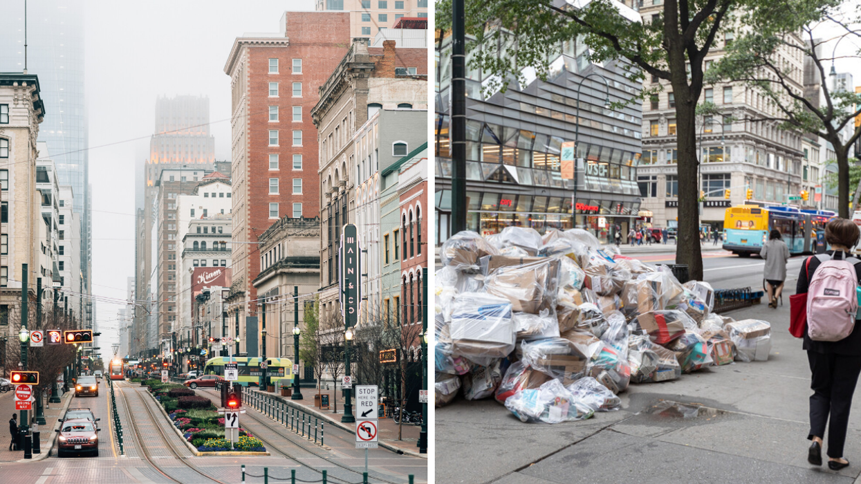 Main Street in Houston, TX. Right: Trash on a street in New York City.