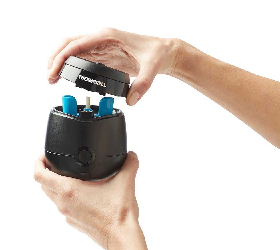 Mains ouvrant un diffuseur Thermacell.