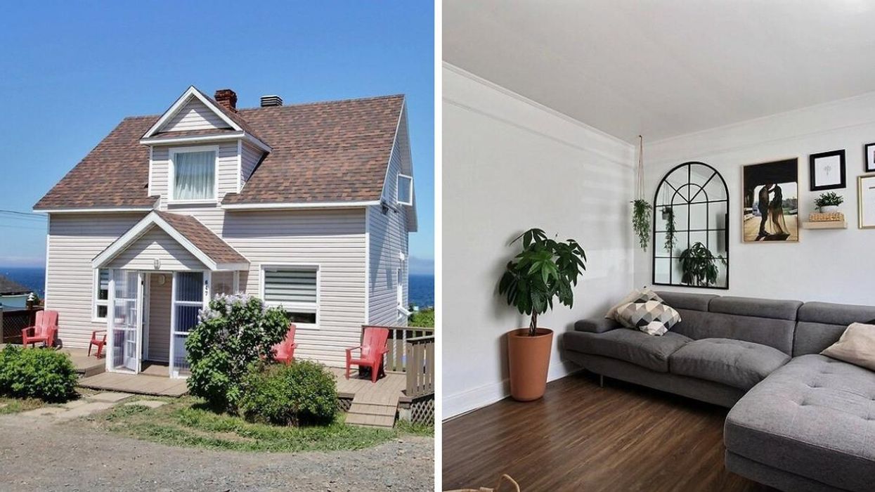 Maison à vendre en Gaspésie. Droite : Salon de la maison en Gaspésie.