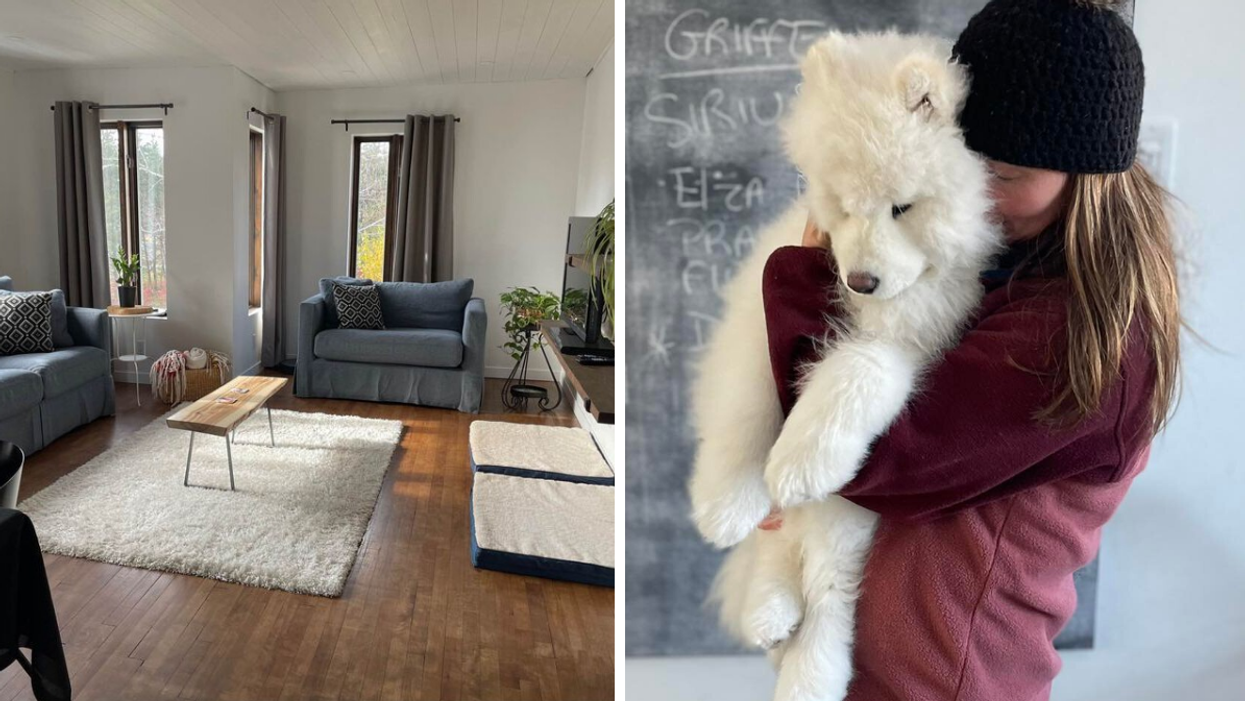 Maison avec chenil à vendre à Rouyn-Noranda. Droite : Personne avec un chien.