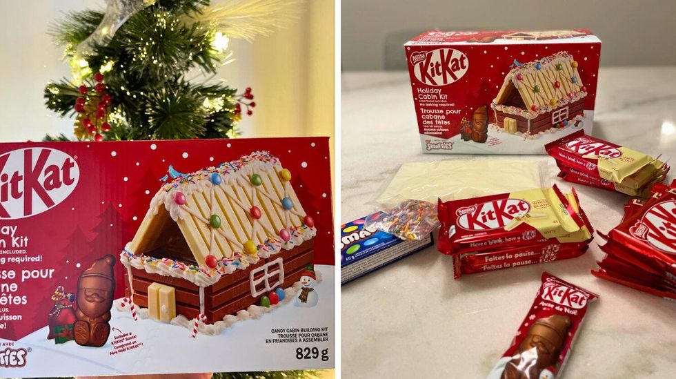 Maison des F\u00eates KitKat. Droite : Contenu de la bo\u00eete de la maison des F\u00eates KitKat, comprenant plusieurs barres KitKat et des Smarties.