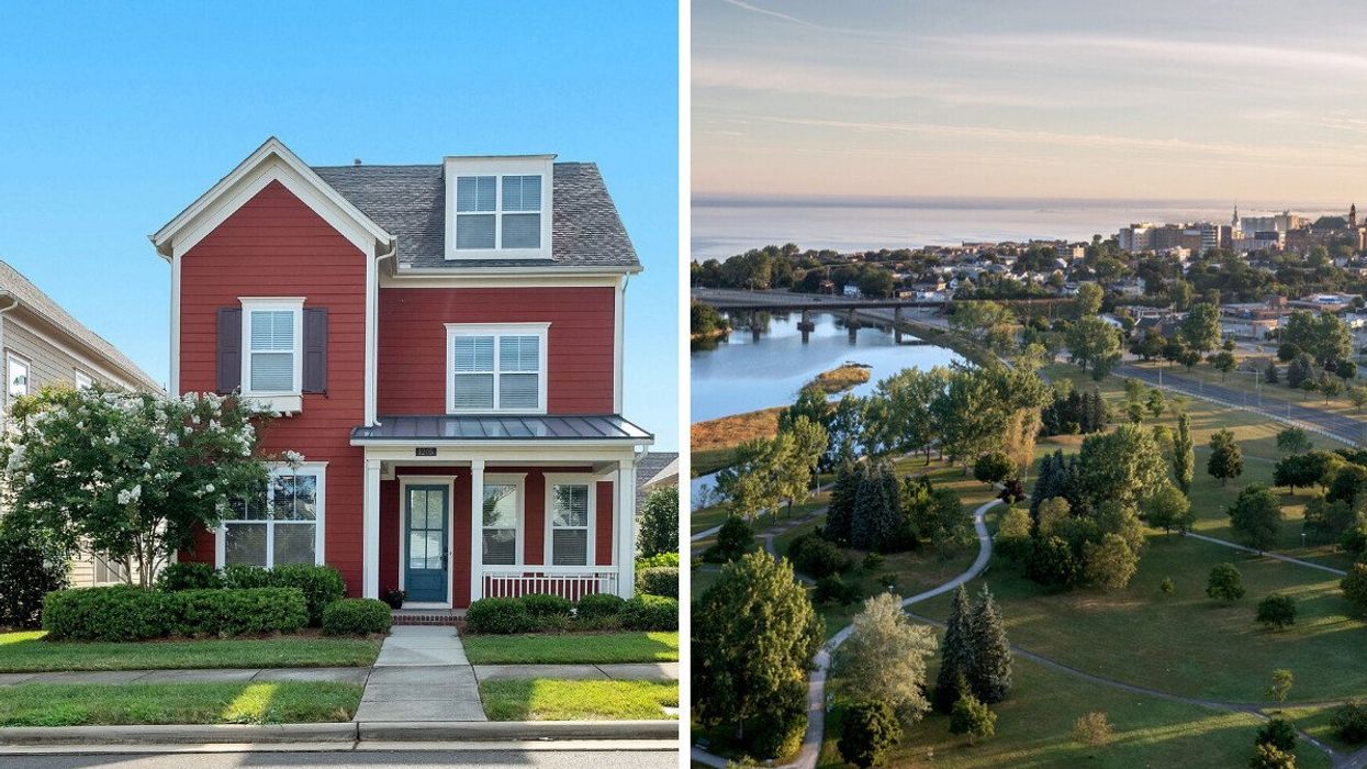 Maison en banlieue. Droite : Vue aérienne de la ville de Rimouski au Québec.