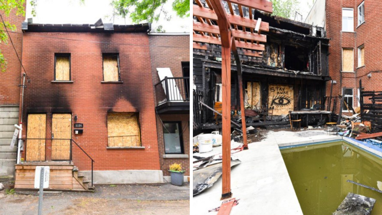 Maison incendiée. Droite : Cour de la maison incendiée.