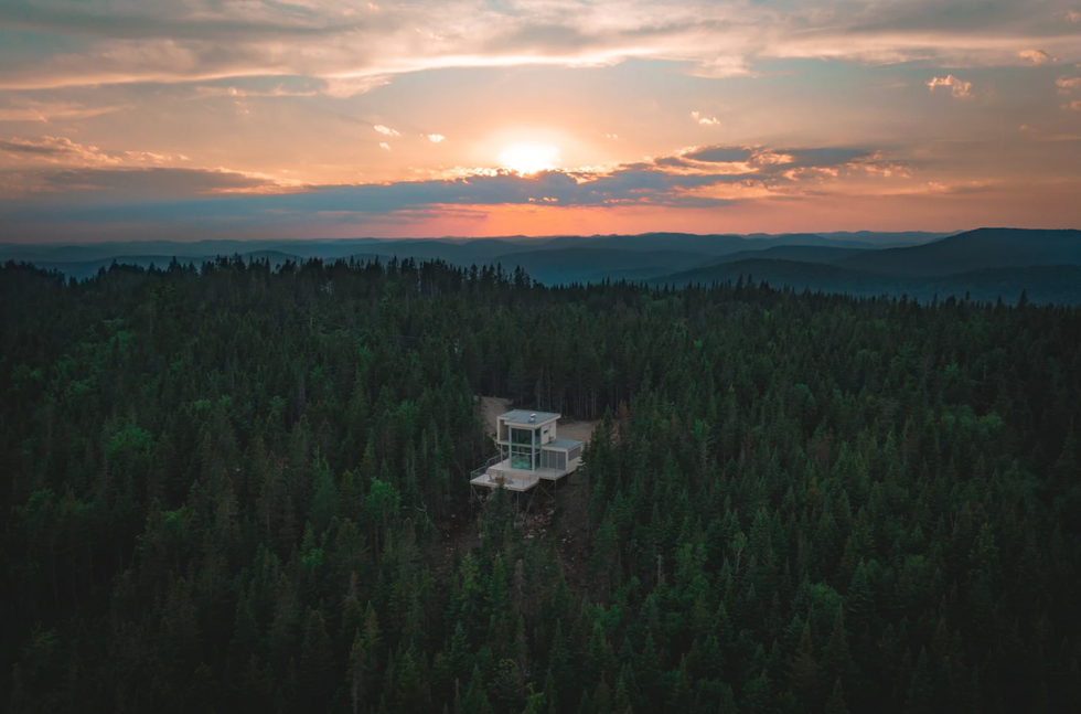 Maison vitr\u00e9e en pleine nature.