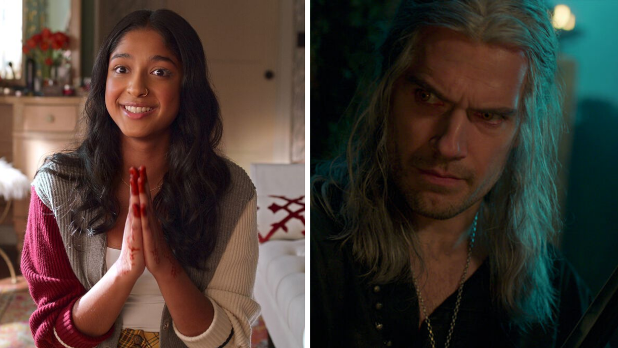 Maitreyi Ramakrishnan as Devi in 'Never Have I Ever'. Right: Henry Cavill as Geralt in 'The Witcher.'