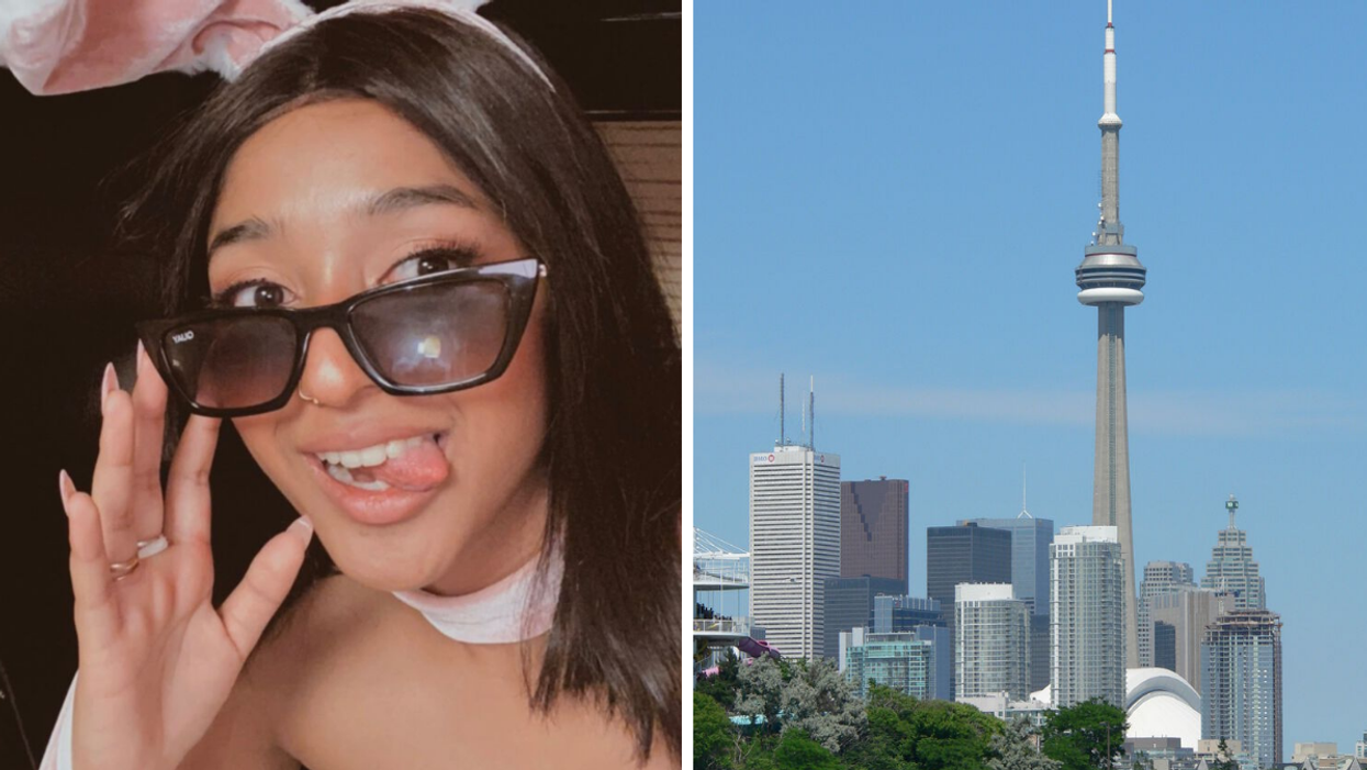 Maitreyi Ramakrishnan in a costume. Right: CN Tower.