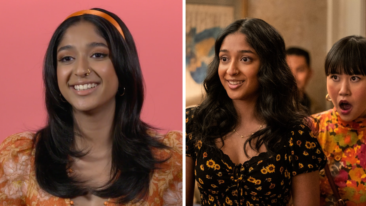 Maitreyi Ramakrishnan. Right: Maitreyi Ramakrishnan in 'Never Have I Ever' season three.