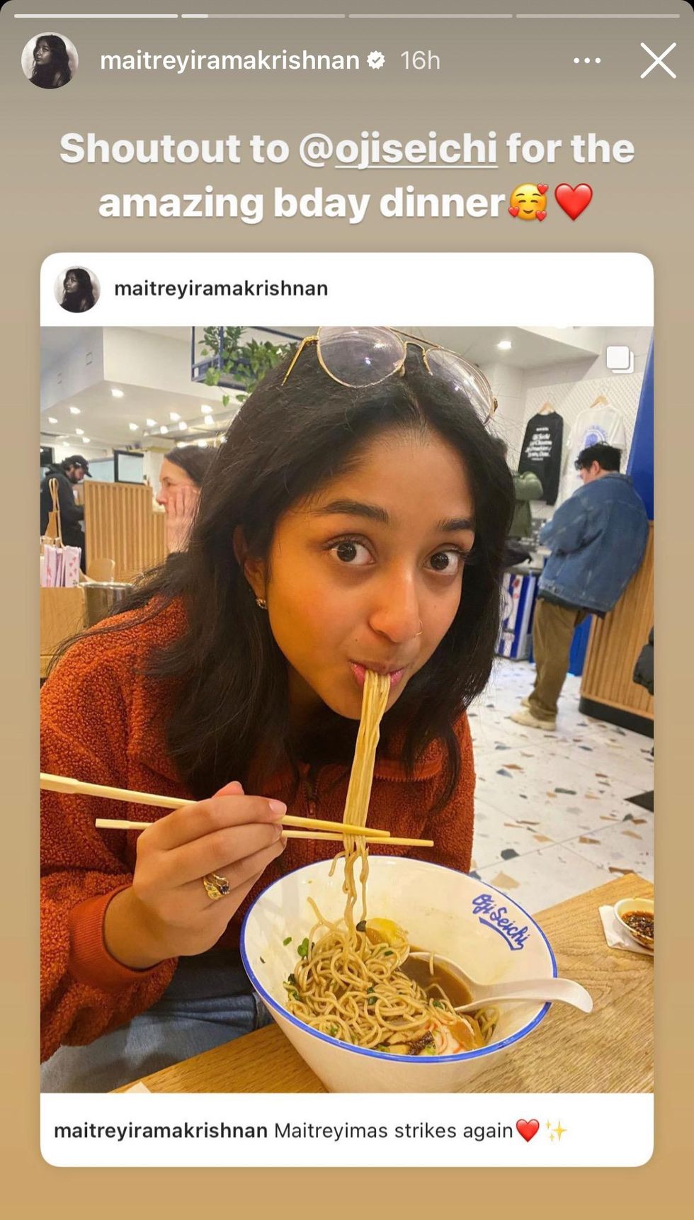 Maitreyi Ramakrishnan's instagram story.