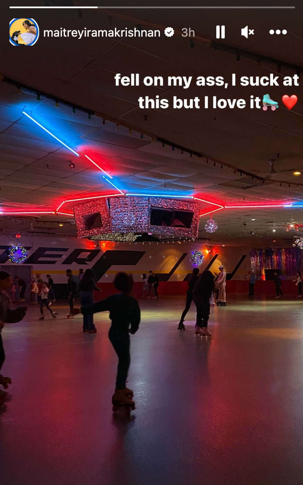 Maitreyi Ramakrishnan shared a photo from Scooter's Roller Palace on her Instagram story.