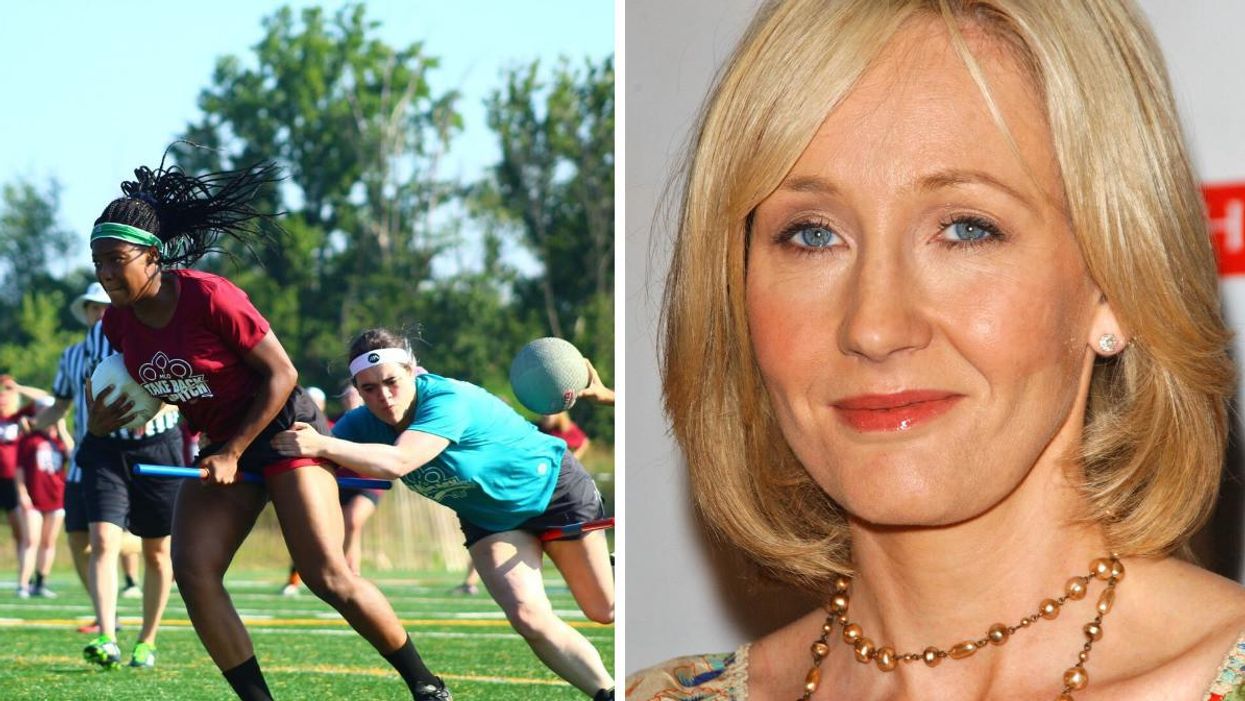 Major League Quidditch players playing Quidditch. Right: J.K. Rowling.