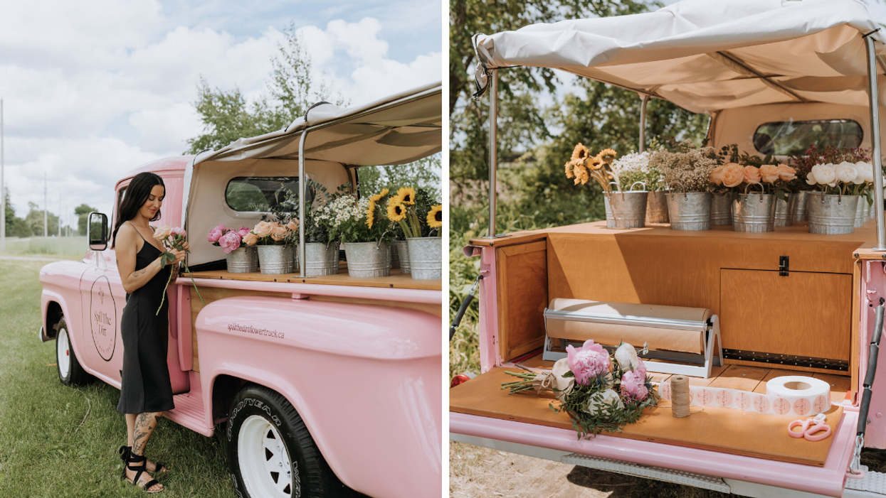 Making a custom bouquet from a pretty pink flower truck in Ontario.