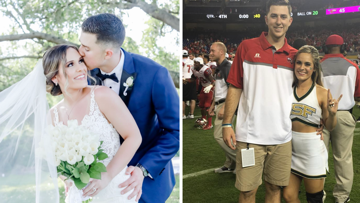 Mallory White and Mike White on their wedding day. Right: Mike White and Mallory White at a college game.