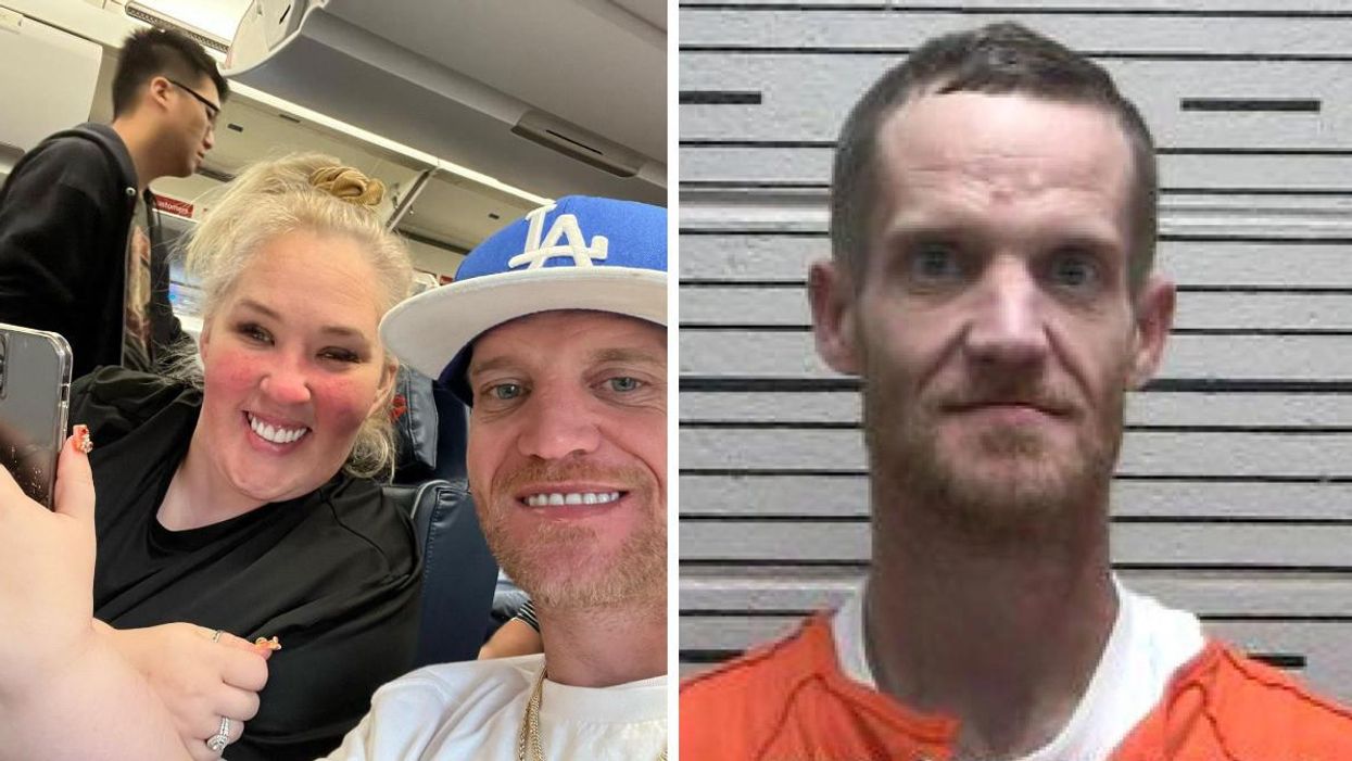 Mama June and her husband Justin Stroud on an airplane. Right: A mugshot of Mama June's husband Justin Stroud.