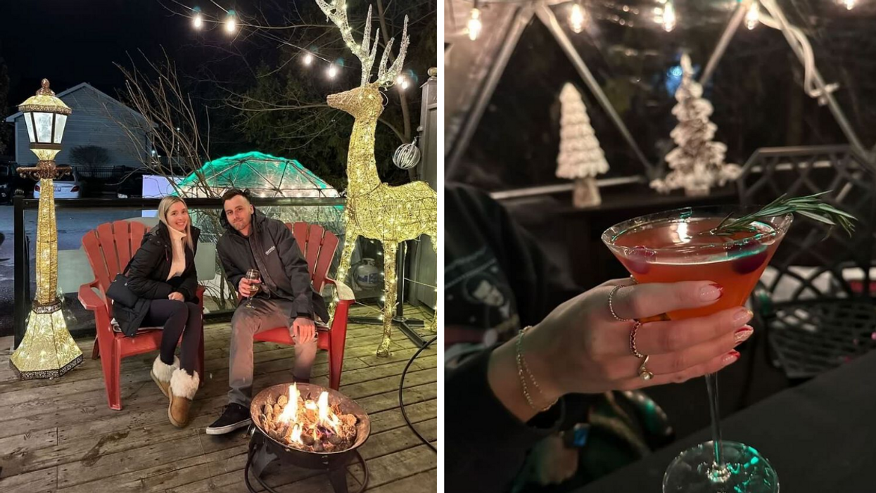 Man and woman on a heated patio with a fire pit. Right: Holiday cocktail inside a snow globe dome.