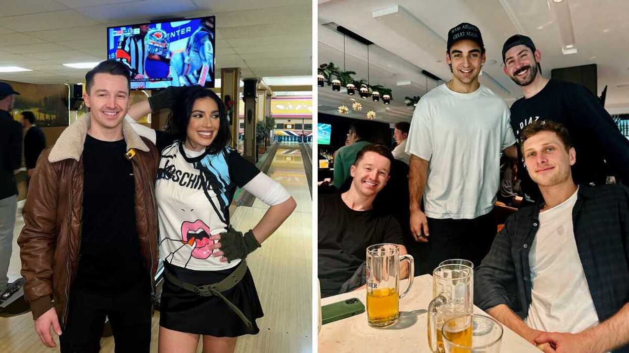 Man and woman posing at bowling alley. Right: Four men smiling with beers on the table.