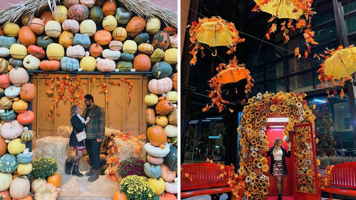 Man and woman standing in a house made of pumpkins. Right: Woman standing in a flower-covered telephone booth.
