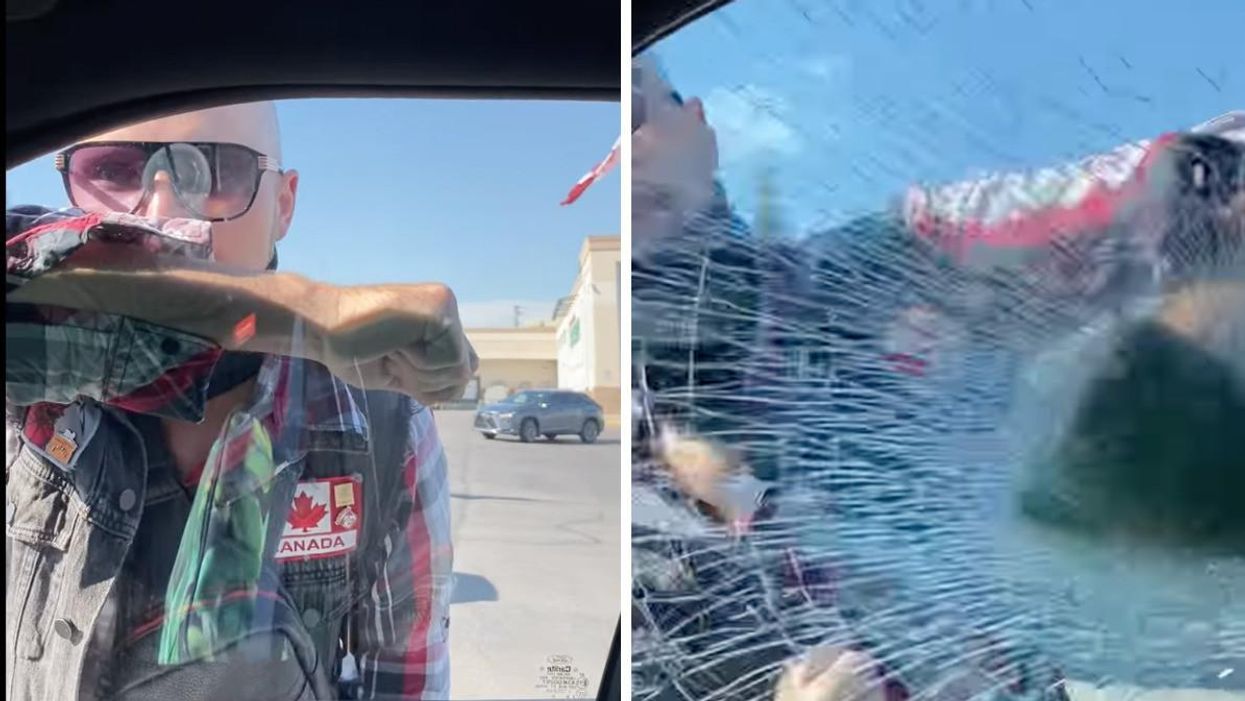 Man by the car window. Right: Man punching the window.