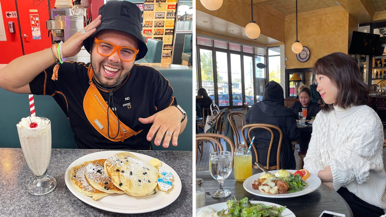 Man eating pancakes and a milkshake at Zak's Diner. Right: Brunch at The Savoy Brasserie.