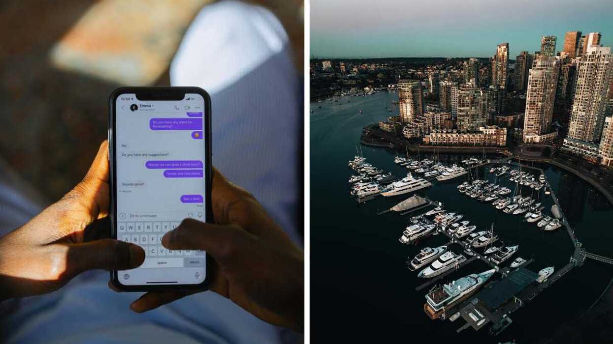 man holding iPhone texting woman named Emma. Right: Vancouver aerial view of the Marina