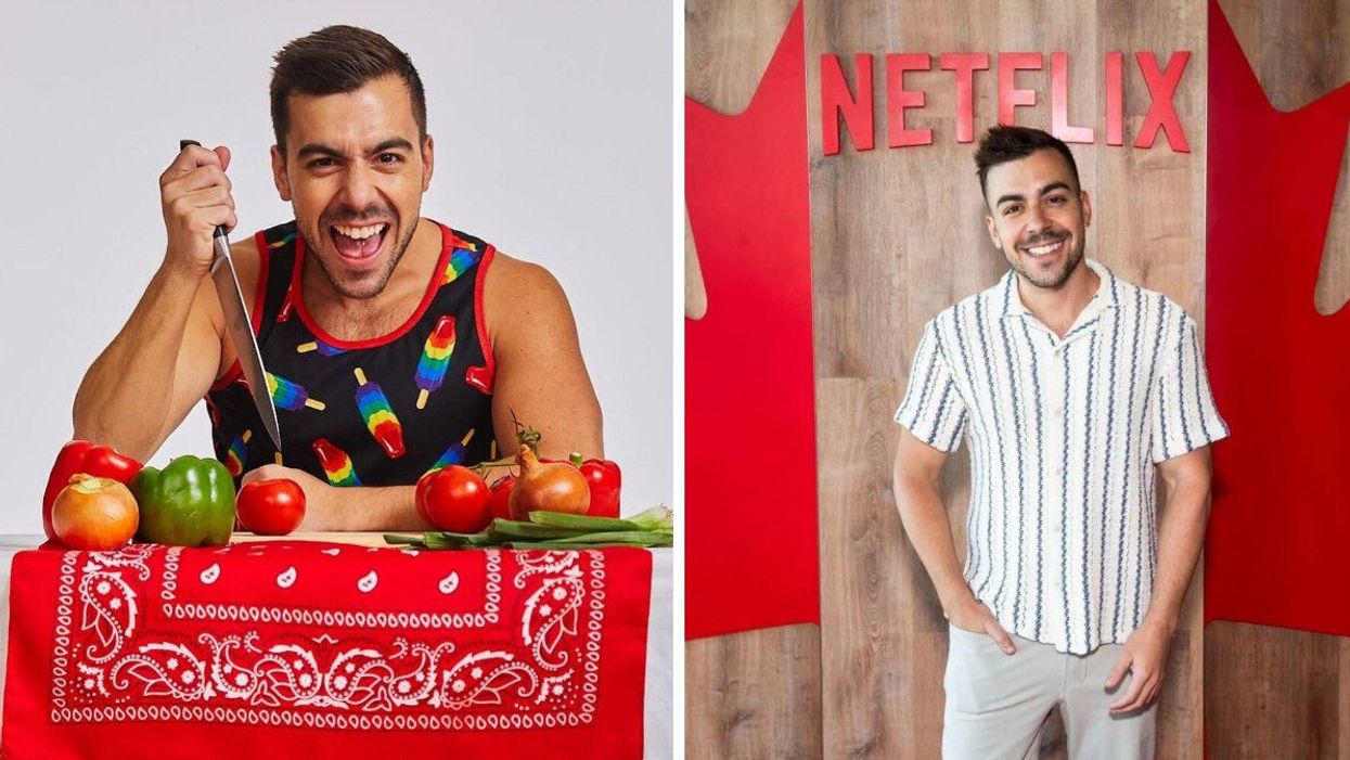 Man holding knife and smiling as he almost stabs a tomato. Right: Man posing in front of the Netflix Canada logo.