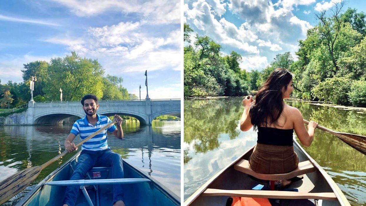 Man in a canoe holding a paddle with a bridge in the background. Right: Woman canoeing past trees.