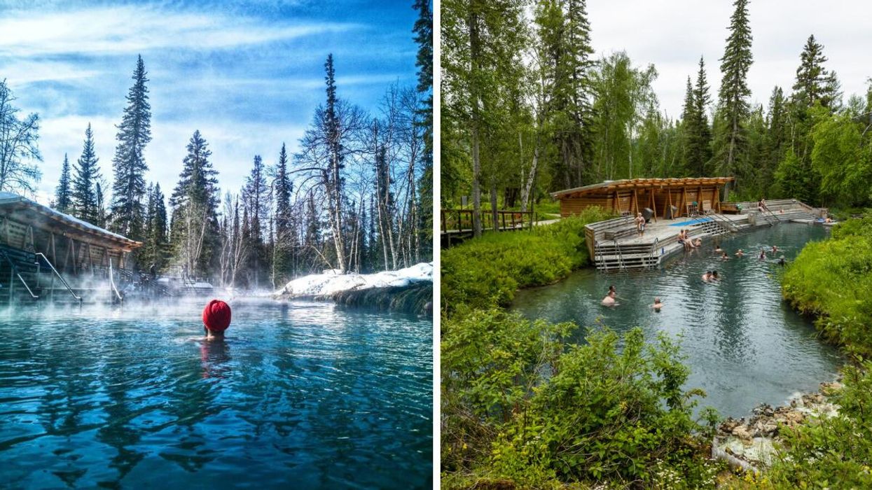 Man in Liard River Hot Springs in B.C. Right: Liard River Hot Springs in the summer.