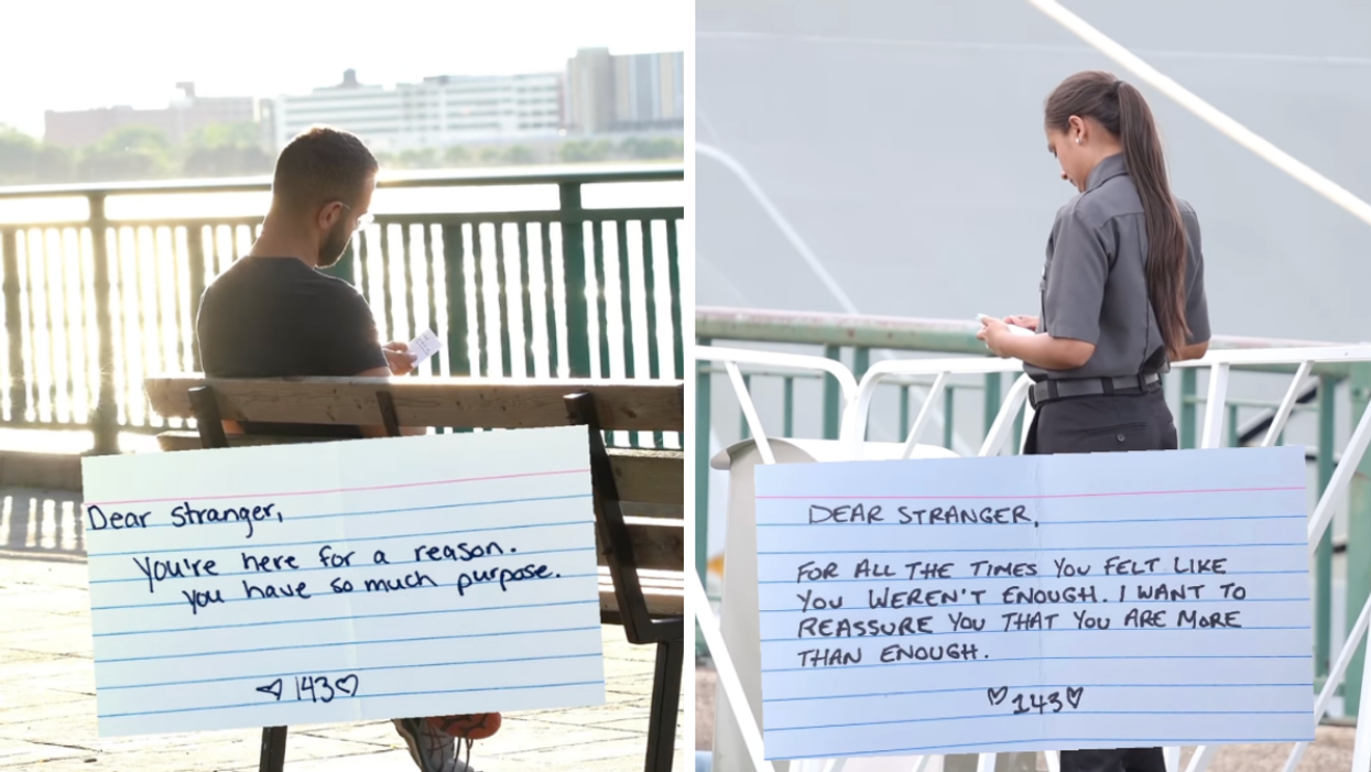 Man looking at a kind note from a stranger. Right: Woman looking at a message that starts 'Dear Stranger'.