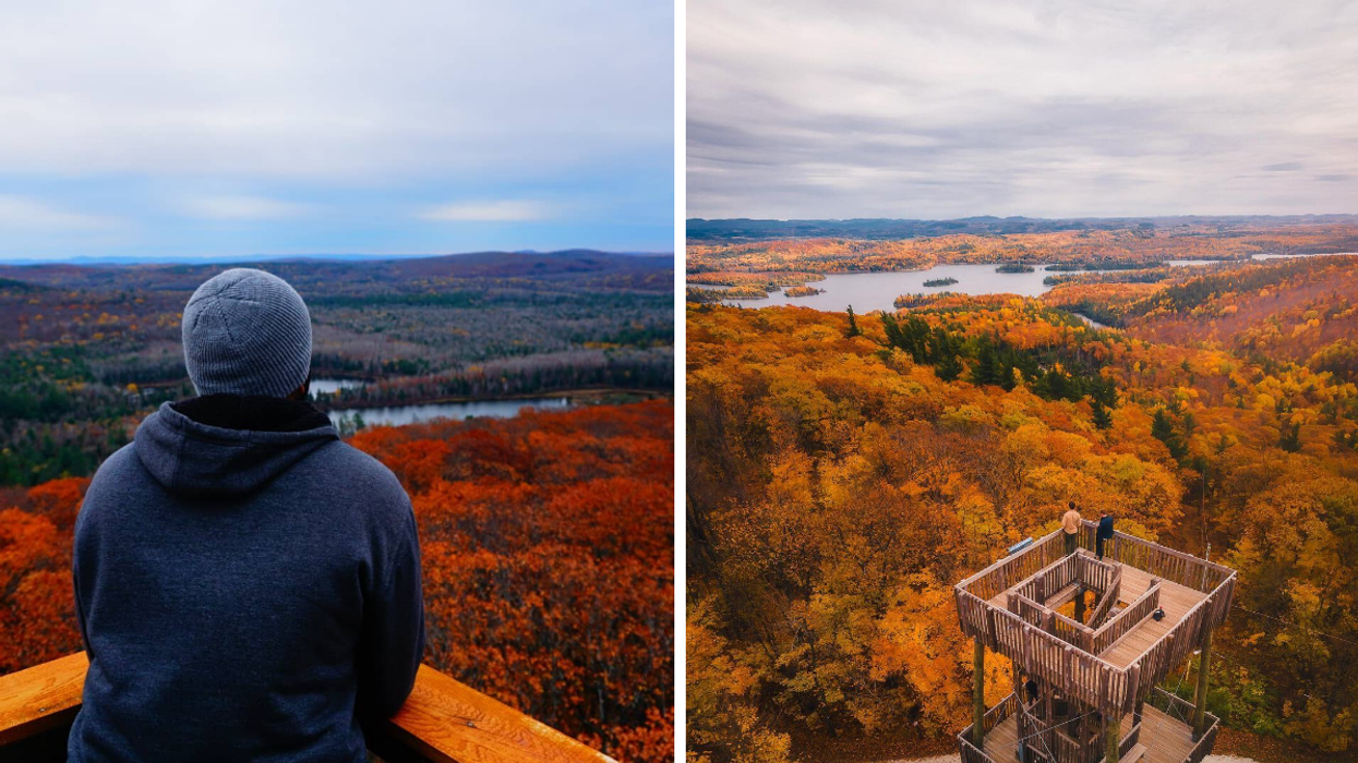 Man looking out over a forest of fall colours. Right: Mont Morissette tower in the fall.