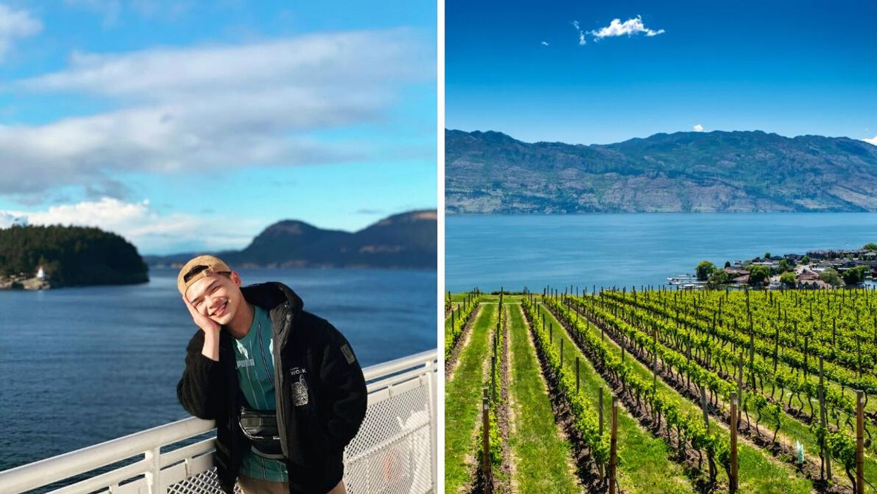 Man on B.C. Ferries ride. Right: Okanagan vineyards.