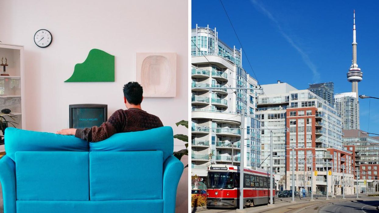 Man on couch. Right: Street in Toronto.