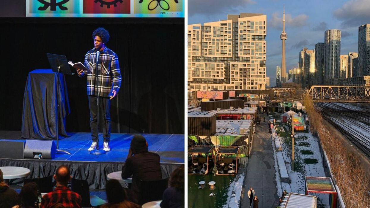 Man presenting onstage. Right: View of the CN Tower.