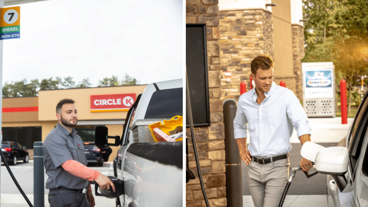 Man pumping gas at a Circle K station while saving on Fuel Day. Right: Person fueling their car at a gas station during Circle K Fuel Day discount event.