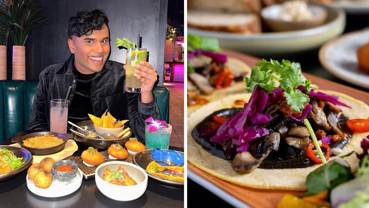 Man sitting at a table full of food. Right: Taco with fixings.
