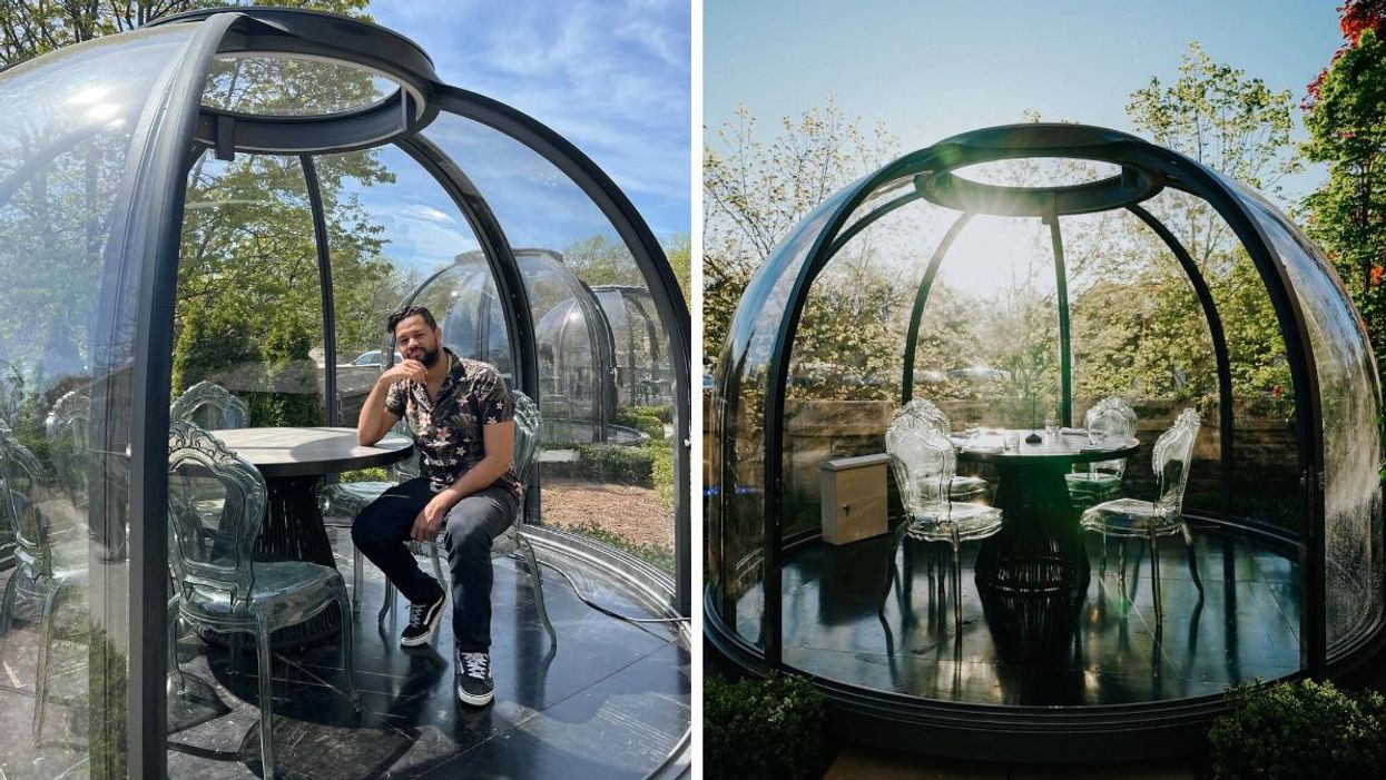 Man sitting inside patio pod. Right: New patio pod at BlueBlood Steakhouse.