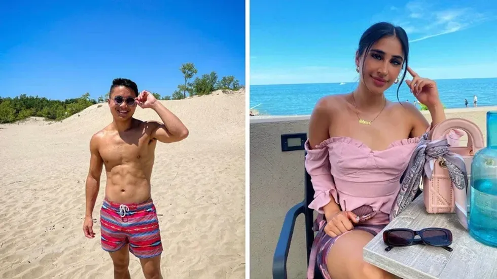 Man standing at a beach. Right: Woman sitting at a restaurant by the water.