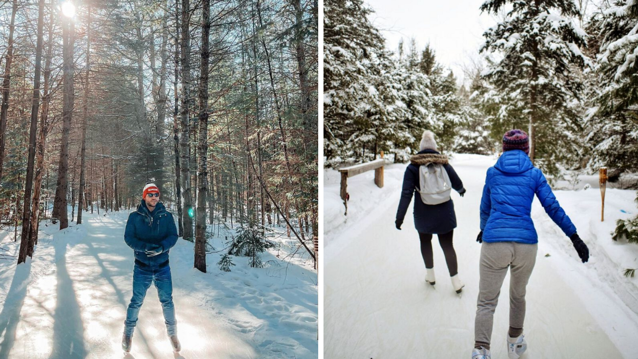 Man standing on a forest ice trail. Right: Two friends skating along a winter ice trail.