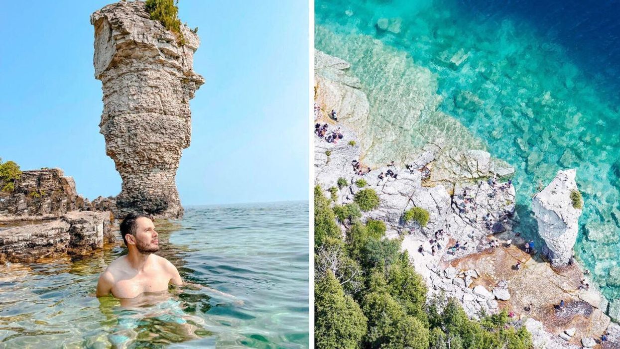 Man swimming by a rock formation. Right: Flowerpot Island in Tobermory, Ontario.