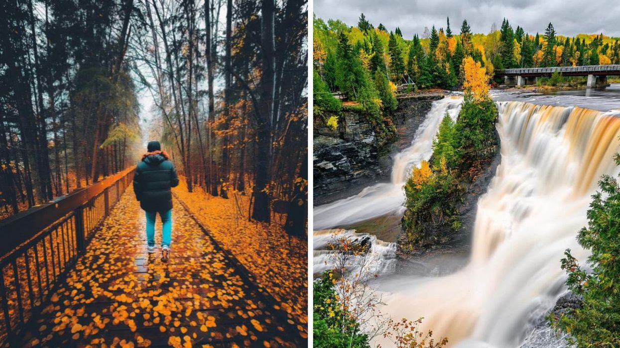 Man walking along a boardwalk covered in leaves. Right: Kakabeka Falls, Ontario.