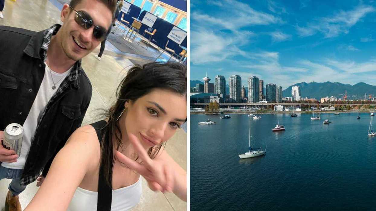Man with beer and sunglasses, and girl making peace sign. Right: Boats in marina and blue Vancouver skyline.