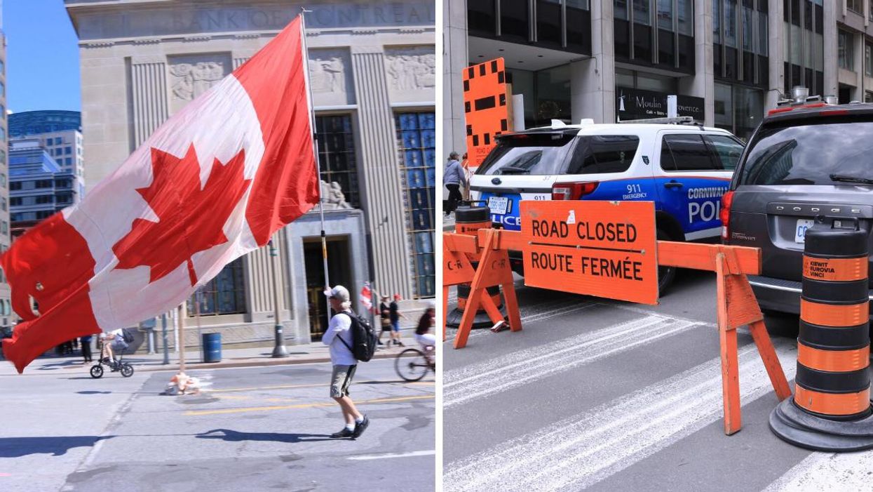 Man with Canadian flag. Right: Road closure.
