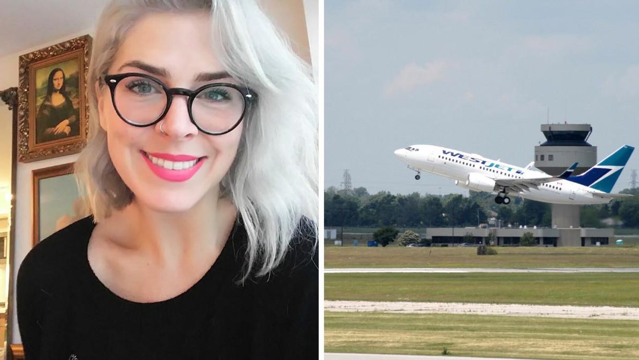 Mandalena Lewis. Right: A WestJet plane taking off.