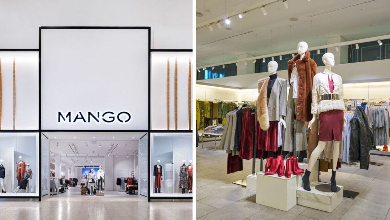 Mango's new store in the Yorkdale Shopping Centre. Right: Mango clothing in a store.