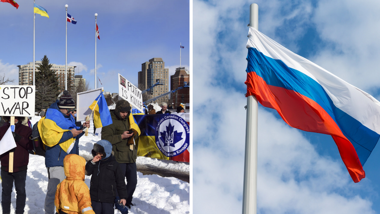 Manifestation à Ottawa contre la guerre en Ukraine. Droite : Drapeau russe.