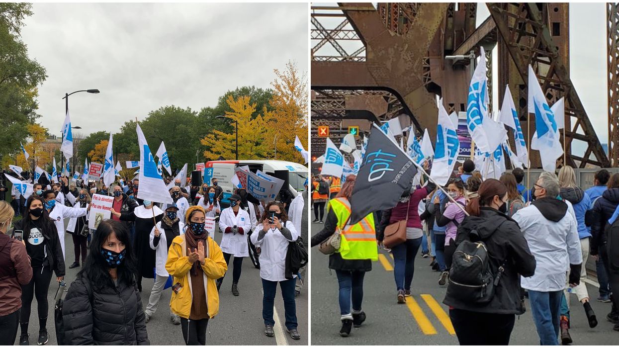Manifestation d'infirmières sur le pont Jacques-Cartier et le pont de Québec