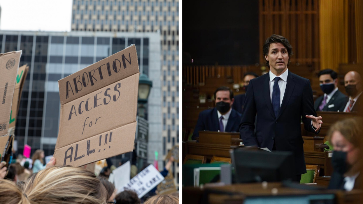 Manifestation pour le droit à l'avortement. Droite: Justin Trudeau.