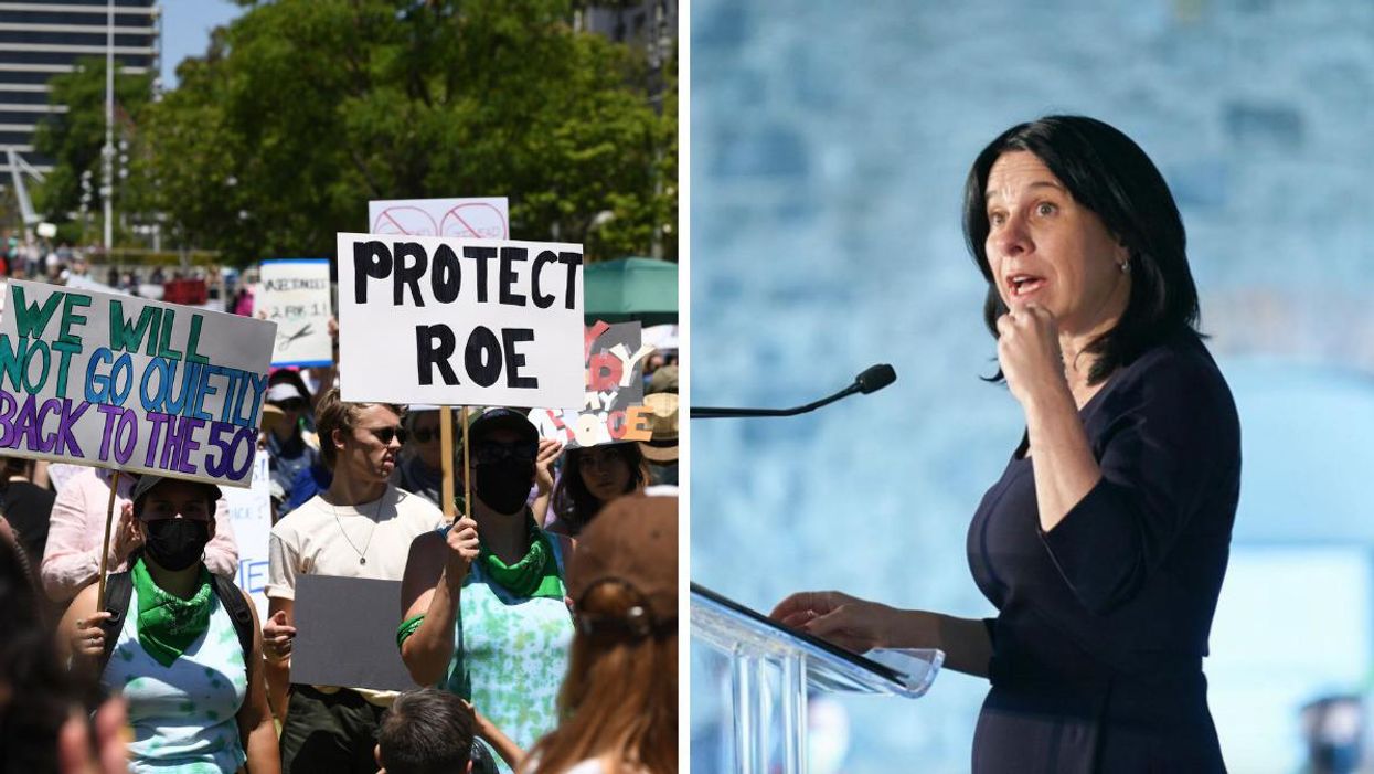 Manifestation pour protéger l'arrêt Roe v. Wade aux États-Unis. Droite : Valérie Plante.