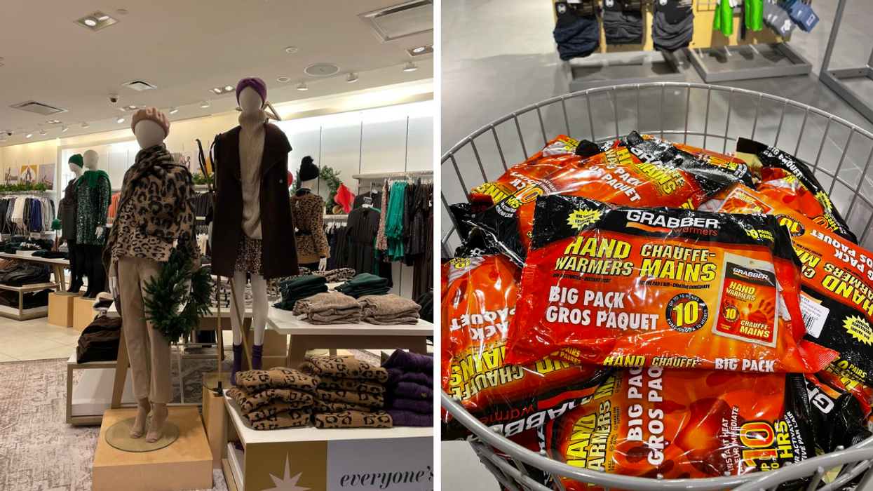 Mannequins in a mall in Toronto. Right: a pile of handwarmers.