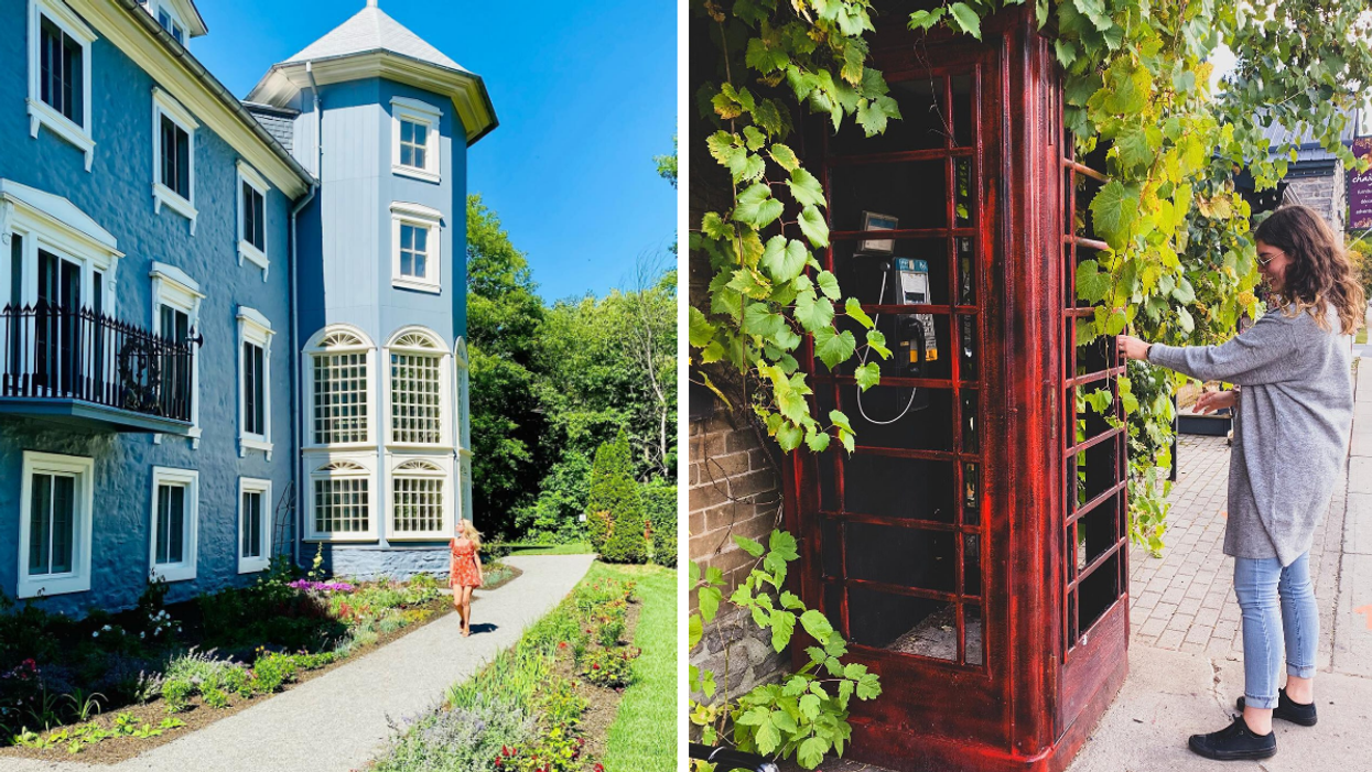 Manoir Papineau blue house in Montebello. Right: Red phone booth in Merrickville.